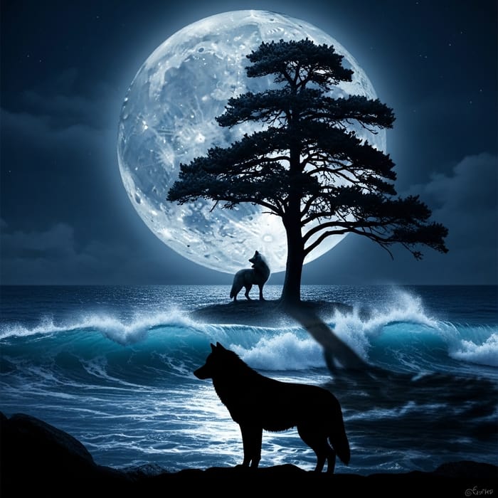 Majestic Moonlit Seascape with Wolf and Tree Majestic Moonlit Seascape with Wolf and Tree