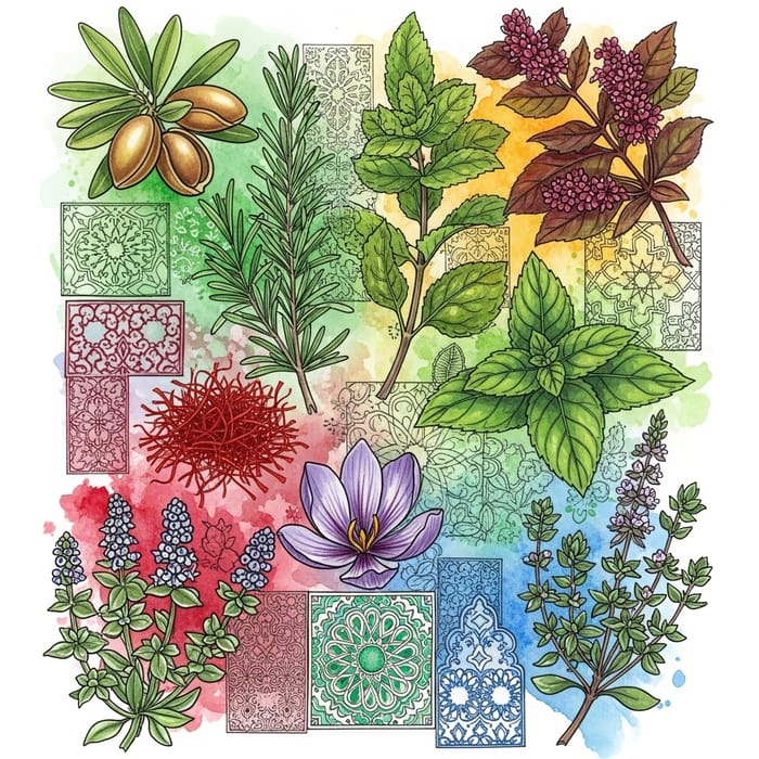 Moroccan Medicinal and Aromatic Plants Art: Vibrant Nature-Inspired Painting Moroccan Medicinal and Aromatic Plants Art: Vibrant Nature-Inspired Painting