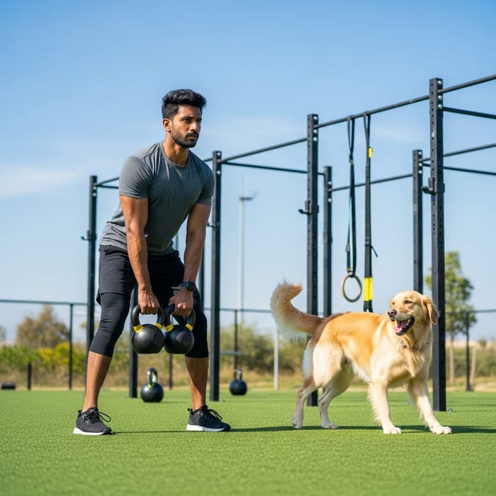 Crossfitter and Dog Outdoor Workout - Sunny Day Exercise Scene