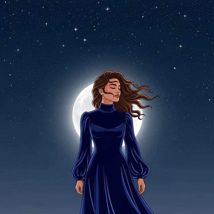 Tranquil Night Portrait: Enchanting South Asian Woman Under Starlit Sky