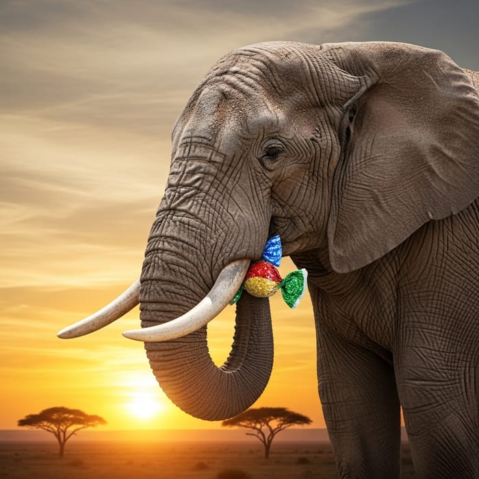 Magical Scene of Elephant Enjoying Sweet Treat at Sunset Magical Scene of Elephant Enjoying Sweet Treat at Sunset
