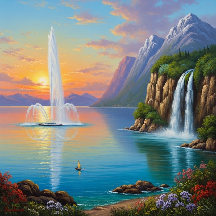 Majestic Sea Fountain and Waterfall at Sunset Majestic Sea Fountain and Waterfall at Sunset