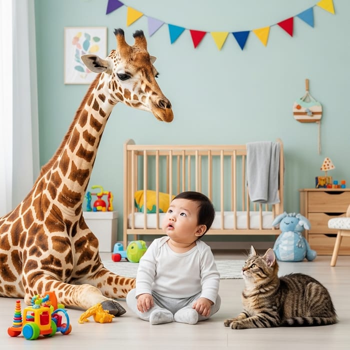 Bébé Between Giraffe & Cat: Heartwarming Nursery Scene Bébé Between Giraffe & Cat: Heartwarming Nursery Scene