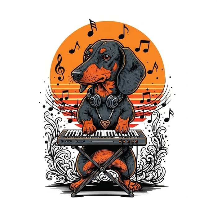 Retro Dachshund Keyboard Symphony | Neon 80s Comic Art Retro Dachshund Keyboard Symphony | Neon 80s Comic Art