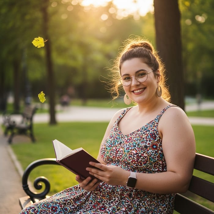 Stunning Plus-Size Woman Lost in Books at the Park