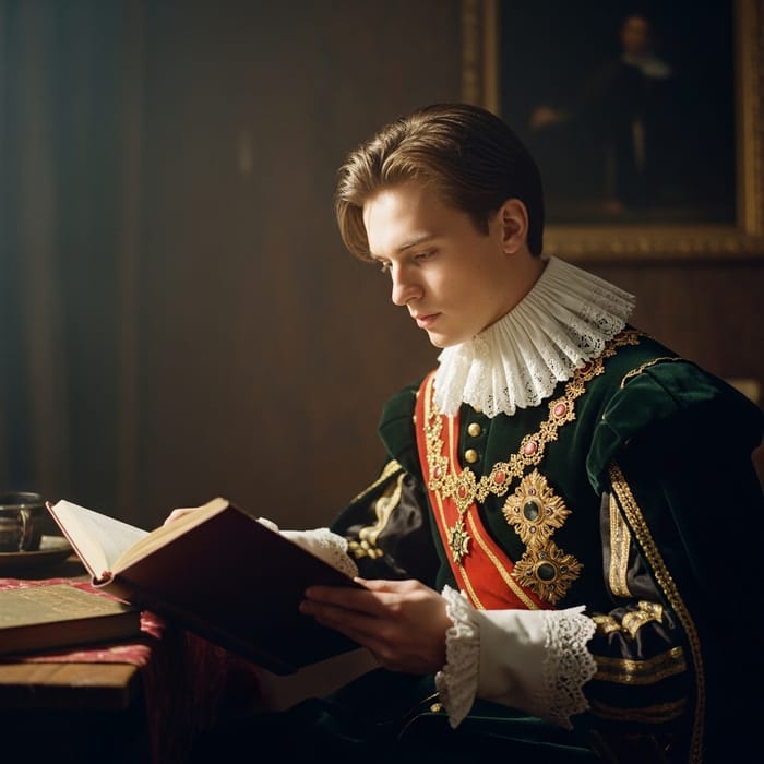 Regal Young Prince Reading with Vintage Film Aesthetic