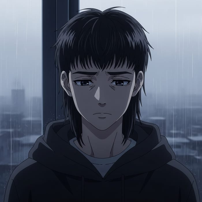 Anime Style Boy with Mullet Hairstyle in Gloomy Anime Environment Anime Style Boy with Mullet Hairstyle in Gloomy Anime Environment