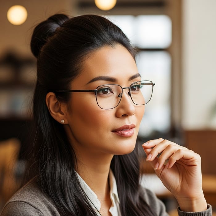 Stylish Asian Woman with Elegant Updo and Chic Eyeglasses Stylish Asian Woman with Elegant Updo and Chic Eyeglasses