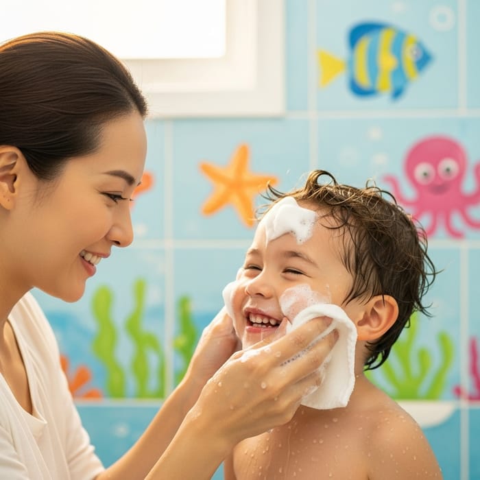 Mother Washing Son's Face: Soap and Suds