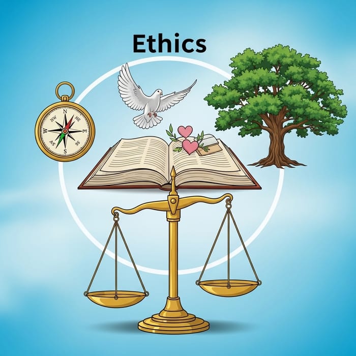 Symbolic Representation of Ethics: Balanced Scales, Open Book, Dove, Compass & Oak Tree Symbolic Representation of Ethics: Balanced Scales, Open Book, Dove, Compass & Oak Tree