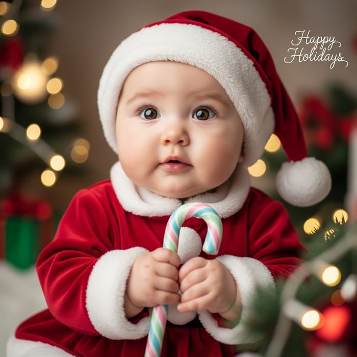Christmas Greetings Card with Cute Baby Girl and Candy Christmas Greetings Card with Cute Baby Girl and Candy
