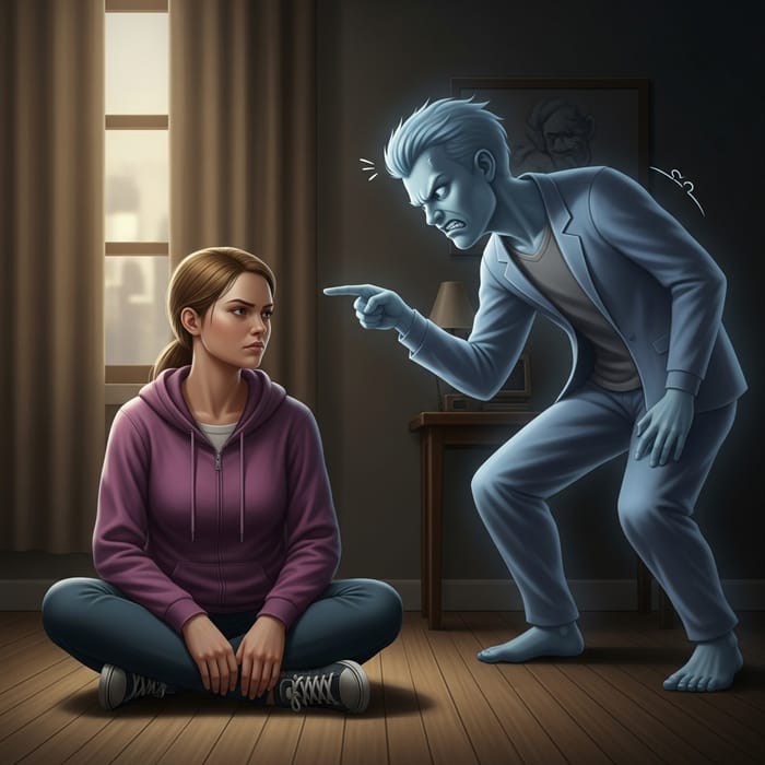 Resilient Woman Confronts Inner Critic | Realistic Psychology Scene Resilient Woman Confronts Inner Critic | Realistic Psychology Scene