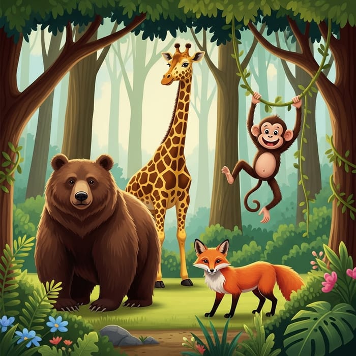 Diverse Forest Wildlife: Bear, Giraffe, Fox, Monkey