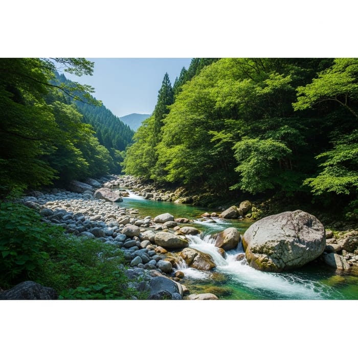 Tranquil River Flowing Through Lush Green Banks and Azure Sky