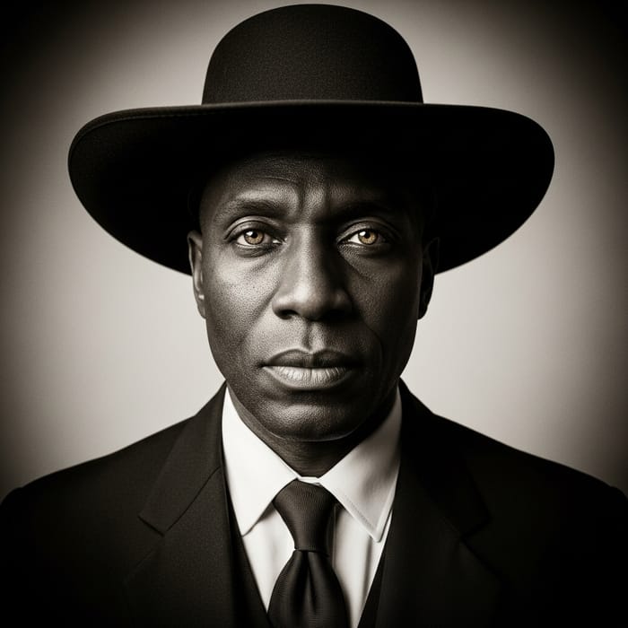 Vintage African American Western Undertaker Portrait in Dramatic Black and White Lighting