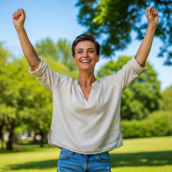 Happy Person with Radiant Smile in Park | Joy and Victory