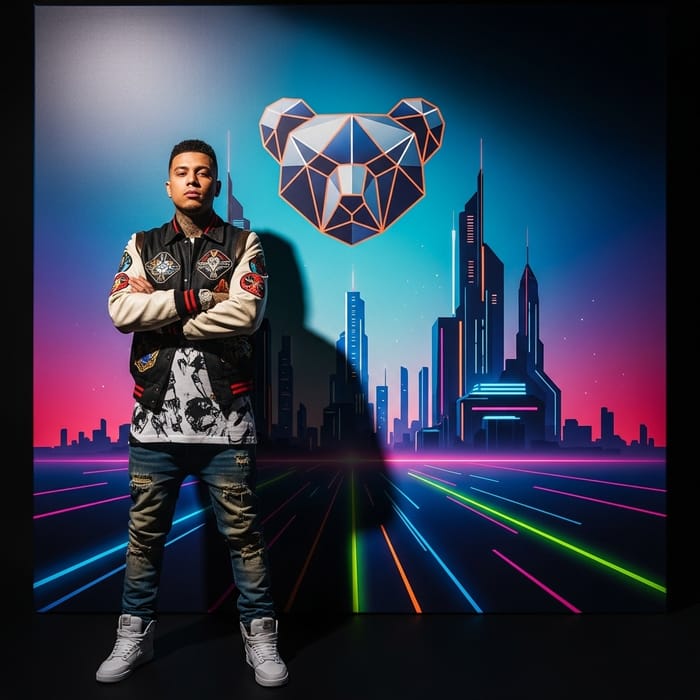 Kanye West in Colorful Scene - Standing in Front of 'Graduation' Album Cover