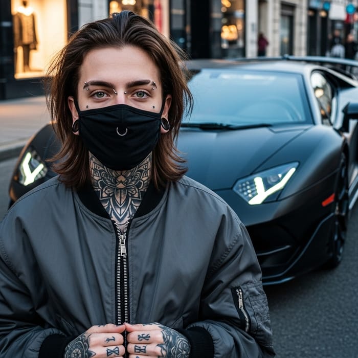 Mature Teen with Mask, Tattoos, Gray Jacket & Green Eyes, Brown Hair, Piercings, and Lamborghini in Background, 4K Mature Teen with Mask, Tattoos, Gray Jacket & Green Eyes, Brown Hair, Piercings, and Lamborghini in Background, 4K
