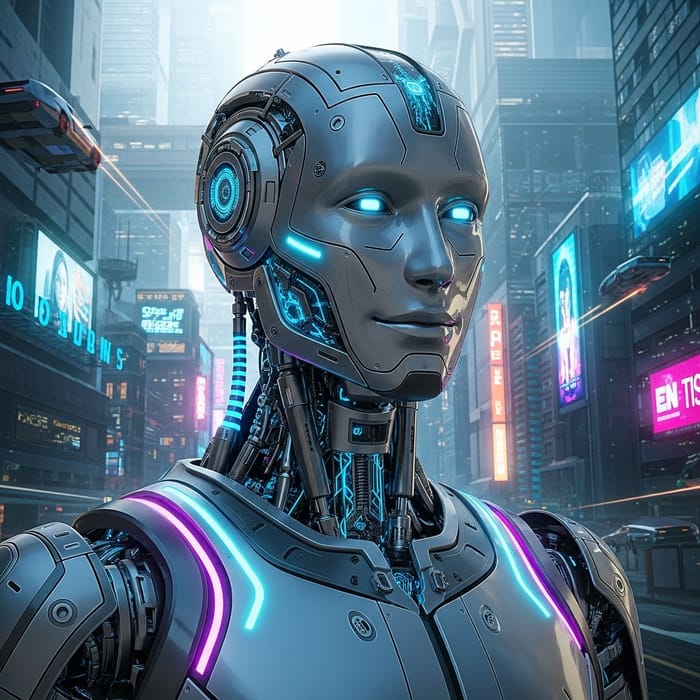 Un Bot in Futuristic Cityscape - Mechanical Marvel