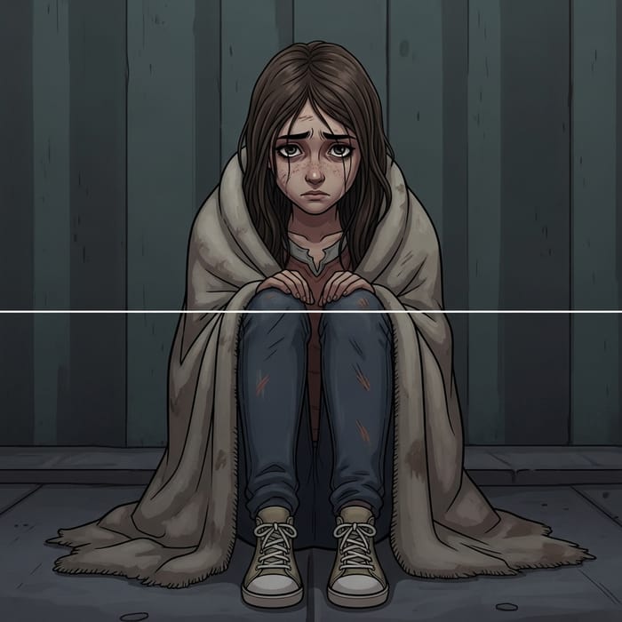 Animated Illustration: Desolate Young Girl on Sidewalk