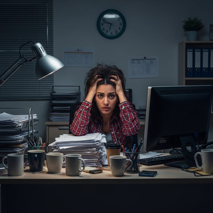 Overwhelmed Middle-Eastern Woman | Late-Night Office Scene