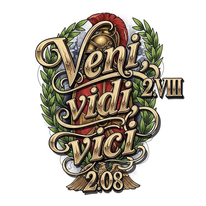 Resilient Roman Tattoo Design with Latin Phrase 'Veni, vidi, vici' in Intricate Style