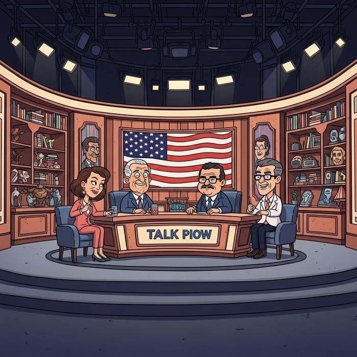 Vibrant Political Caricatures in Pop Art Talk Show Set Vibrant Political Caricatures in Pop Art Talk Show Set
