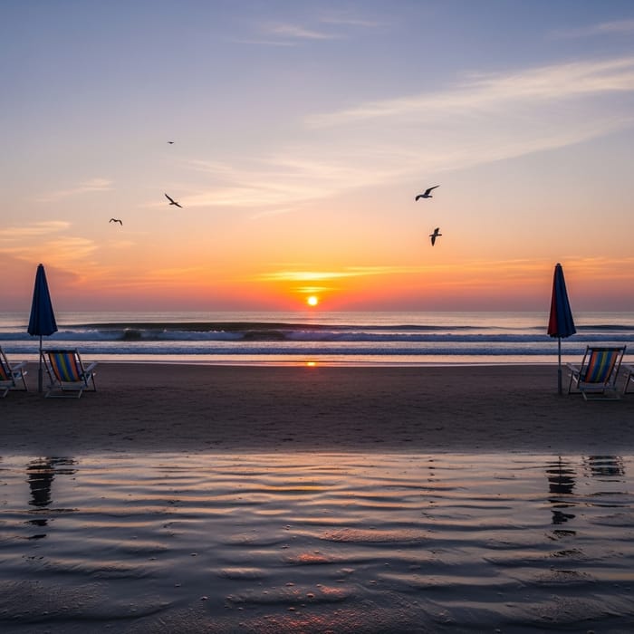 Serene Beach Mornings: Sunrise Glow, Seagulls & Beach Vibes Serene Beach Mornings: Sunrise Glow, Seagulls & Beach Vibes