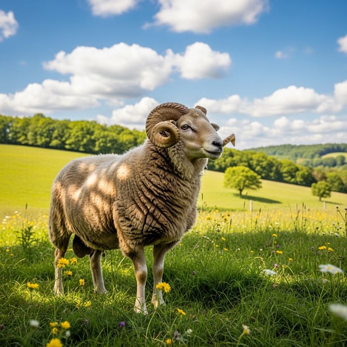 Stunning Adult Ram in Lush Green Pasture