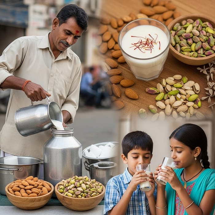 Heartwarming Scene of Indian Milk Man with Kids Drinking Almond, Pistachio, and Saffron Milk