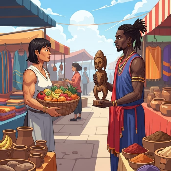 Colorful Market Scene with Diverse Barter Activities Colorful Market Scene with Diverse Barter Activities