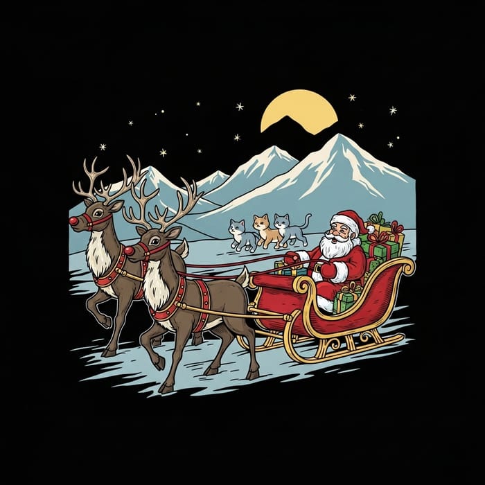 Vintage Sunset Artwork with Rudolph, Santa, Cats & Sleighbells