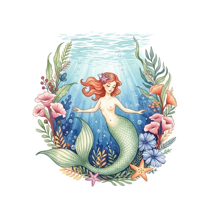 Vibrant Watercolor Mermaid in Tranquil Underwater Garden Vibrant Watercolor Mermaid in Tranquil Underwater Garden