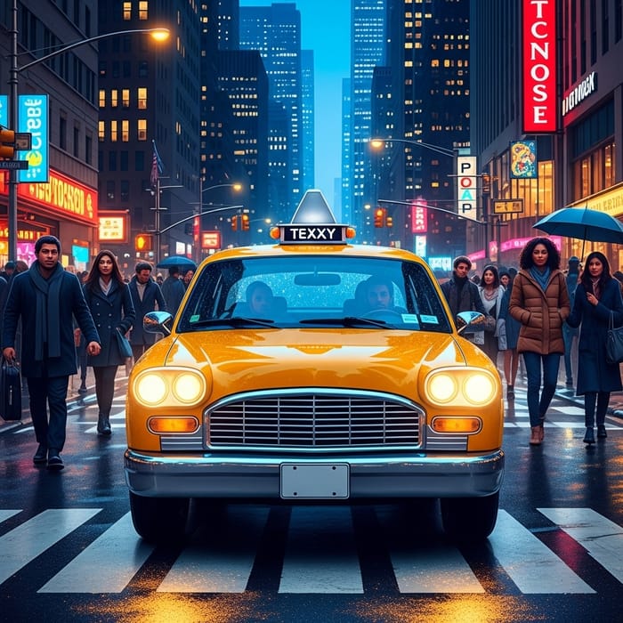 City Night Scene with Yellow Taxi at Midnight
