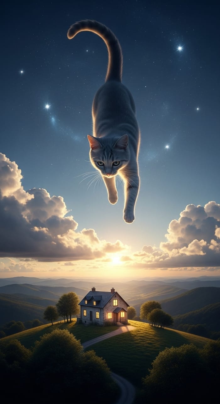 Realistic Cat Gazing at Former Home in Sky Scene