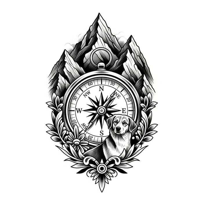 Intricate Compass Tattoo with Mountain and Dog Details