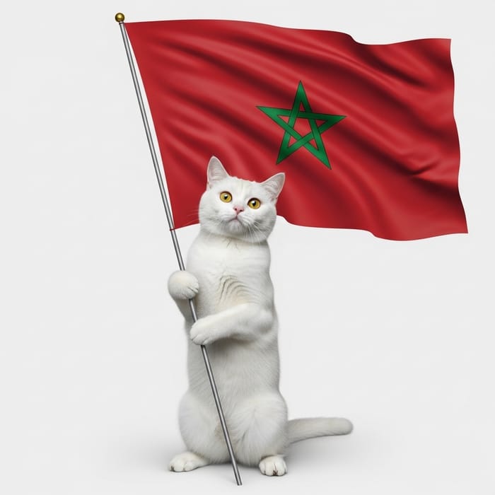 White Cat Holding Flag of Morocco - National Pride Moment