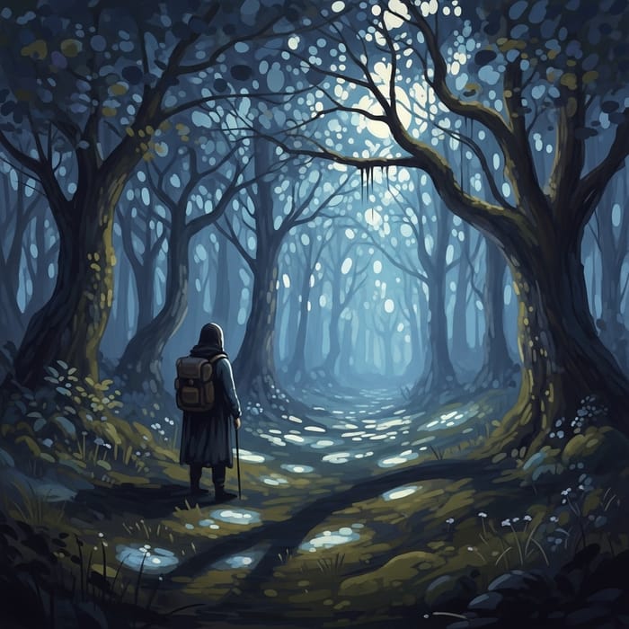 Mystical Forest Bathed in Moonlight with Mysterious Figure