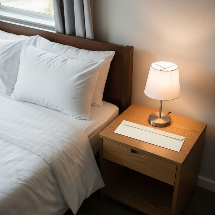 Cozy Bedroom Setup with Envelope on Nightstand Cozy Bedroom Setup with Envelope on Nightstand