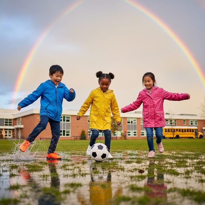 Three Cute Kids Playing Soccer in Rainbows at School