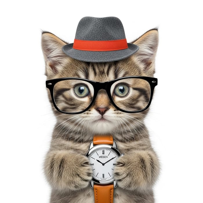 Adorable Kitten in Glasses, Hat, Holding Watch - Cute Feline! Adorable Kitten in Glasses, Hat, Holding Watch - Cute Feline!