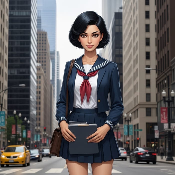 Chic Schoolgirl in Unique Square Hairstyle on Chicago Street Chic Schoolgirl in Unique Square Hairstyle on Chicago Street