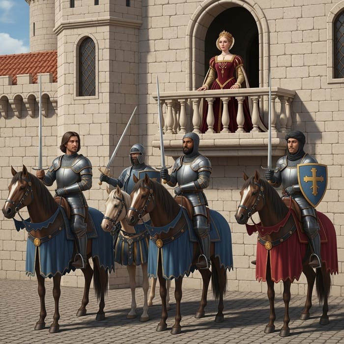 Beautiful Renaissance Painting of Queen, Knights and Castle Beautiful Renaissance Painting of Queen, Knights and Castle