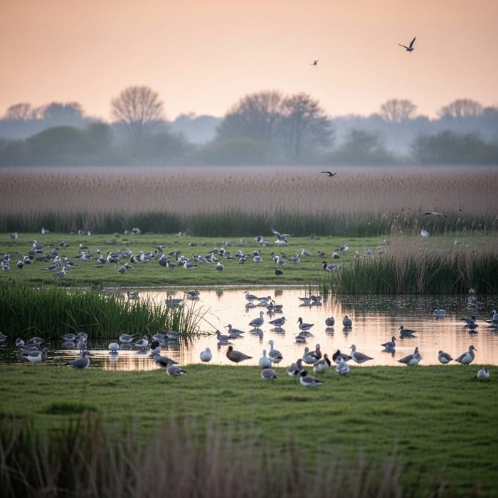 Tranquil Birds in Somerset Levels | Ethereal Sunset Serenity Tranquil Birds in Somerset Levels | Ethereal Sunset Serenity