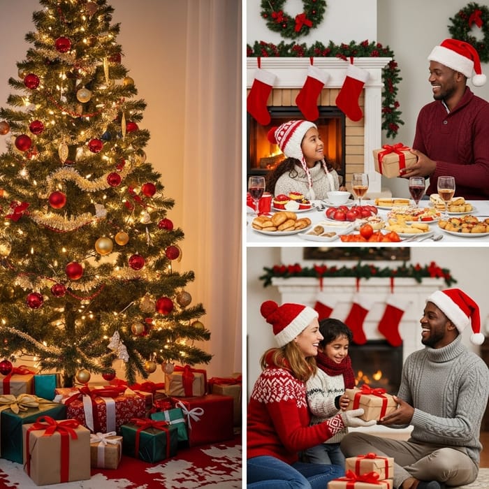 Merry Christmas Scene with Diverse Characters and Festive Spirit