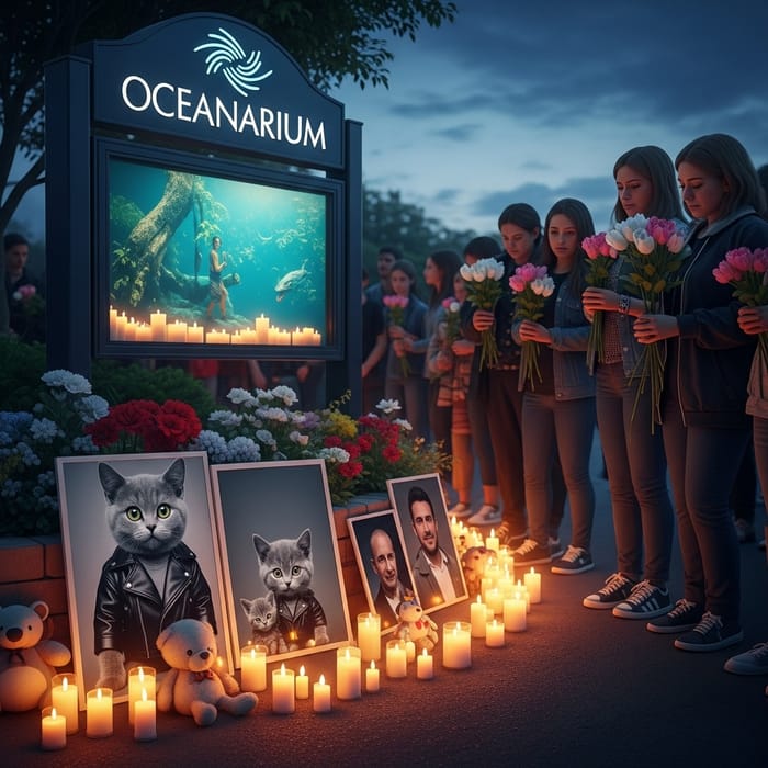 Realistic Memorial at Oceanarium with Grey Cat and Kitten Realistic Memorial at Oceanarium with Grey Cat and Kitten