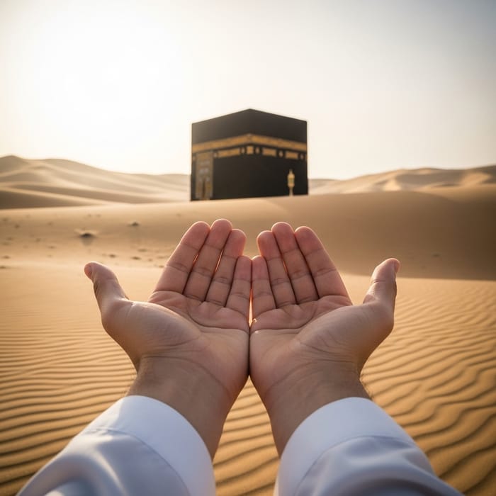 Open Hands in Desert Facing Kaaba: Pre-Islamic Scene Open Hands in Desert Facing Kaaba: Pre-Islamic Scene
