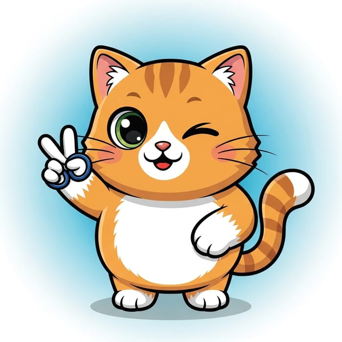 Cute Cartoon Cat with Scissors Hand Gesture