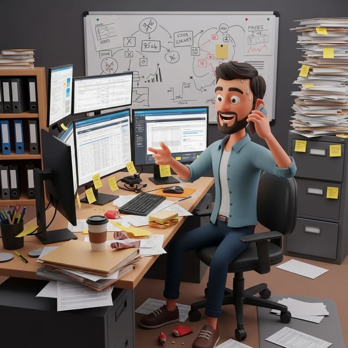 Friendly Entrepreneur in 3D Cartoon Style - Disorganized Management