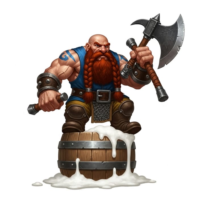 Muscular Dwarf on Foaming Beer Barrel with Iron Axe Muscular Dwarf on Foaming Beer Barrel with Iron Axe